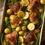 Close-up of a lemon sheet pan dinner with chicken and lemon slices on a baking tray