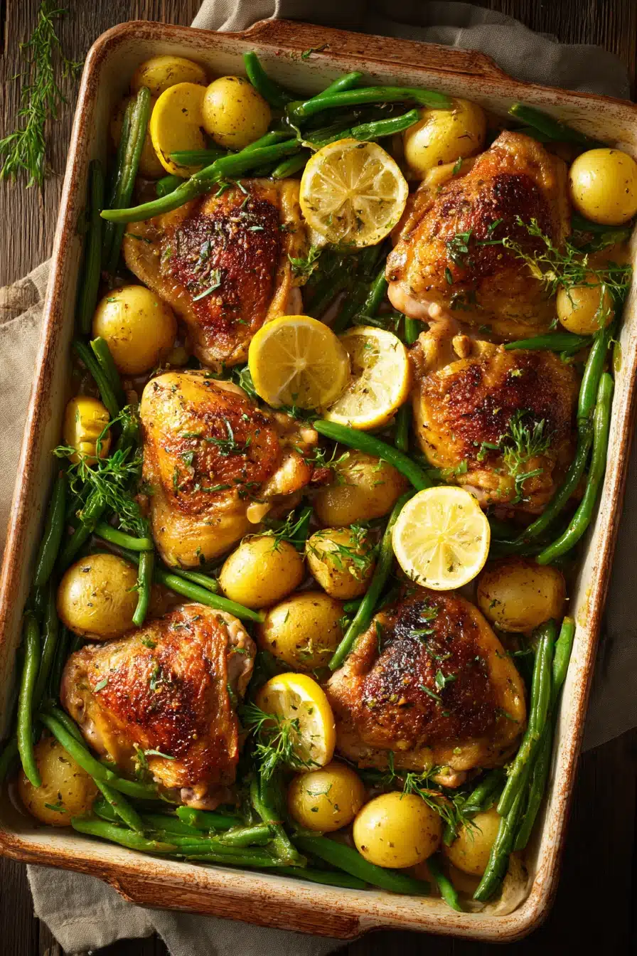 Close-up of a lemon sheet pan dinner with chicken and lemon slices on a baking tray