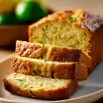 Close-up of a lemon zucchini loaf cake with a golden crust on a white plate.