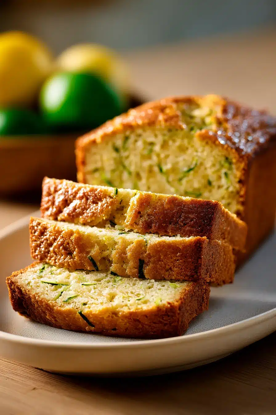Close-up of a lemon zucchini loaf cake with a golden crust on a white plate.