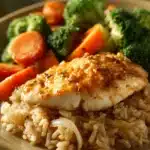 Close-up of a low calorie chicken and rice dish with vibrant colors and fresh ingredients.