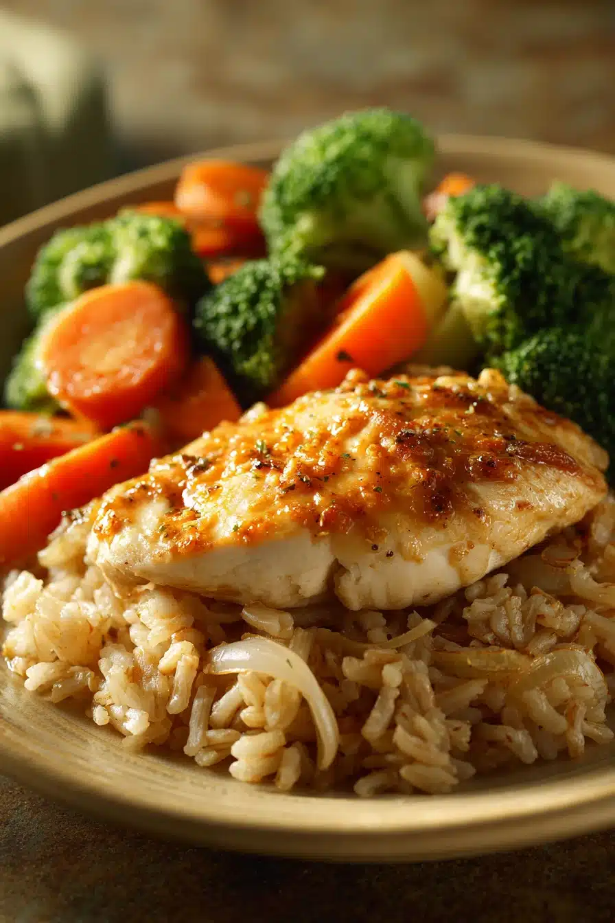 Close-up of a low calorie chicken and rice dish with vibrant colors and fresh ingredients.