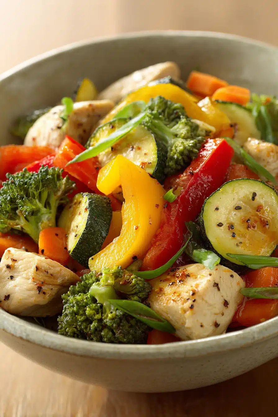 Close-up of a colorful low calorie chicken and vegetable dish with bright lighting