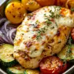 Close-up of a low calorie chicken bake with golden brown crust and herbs