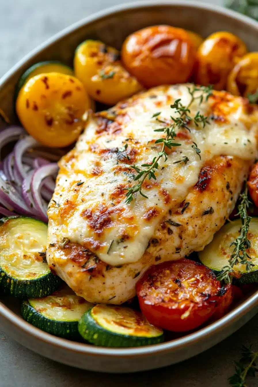 Close-up of a low calorie chicken bake with golden brown crust and herbs