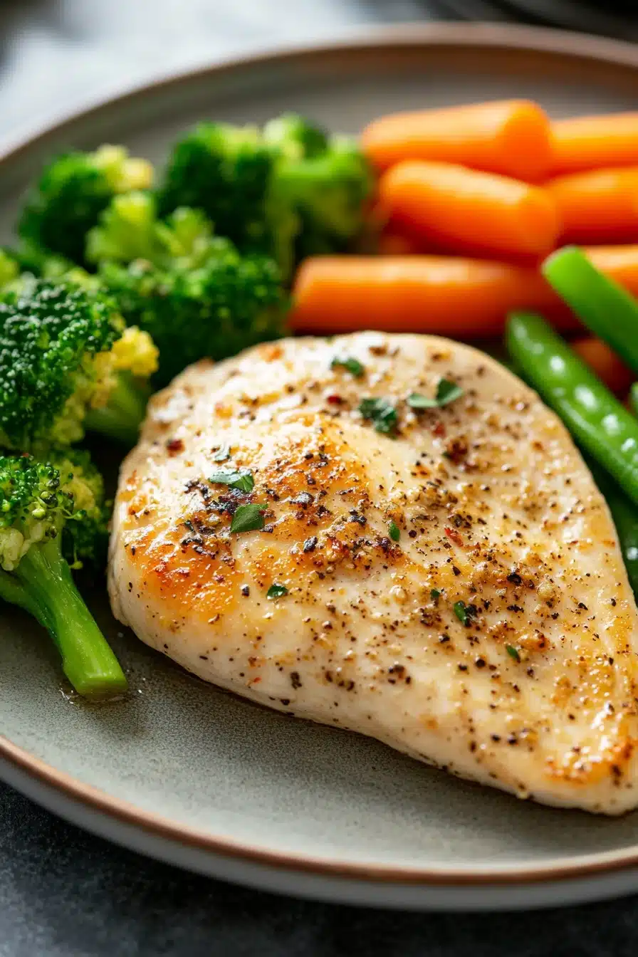 Close-up of a low calorie chicken dinner with creamy sauce and herbs on a white plate.