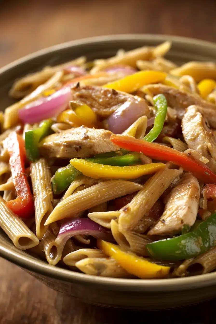 Close-up of low calorie chicken fajita pasta with creamy sauce and herbs