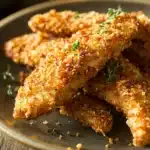 Close-up of low calorie chicken fingers on a white plate with a clean background