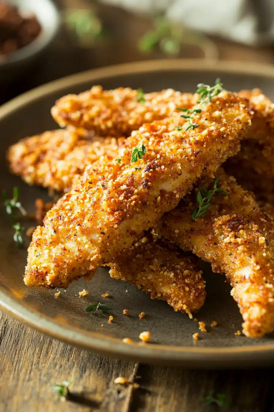 Close-up of low calorie chicken fingers on a white plate with a clean background