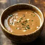 Close-up of low calorie chicken gravy with creamy sauce and herbs