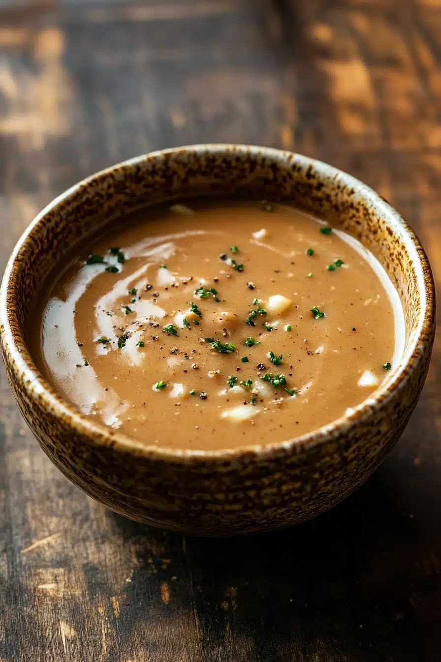 Close-up of low calorie chicken gravy with creamy sauce and herbs