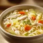Close-up of a low calorie chicken noodle dish with bright, warm lighting