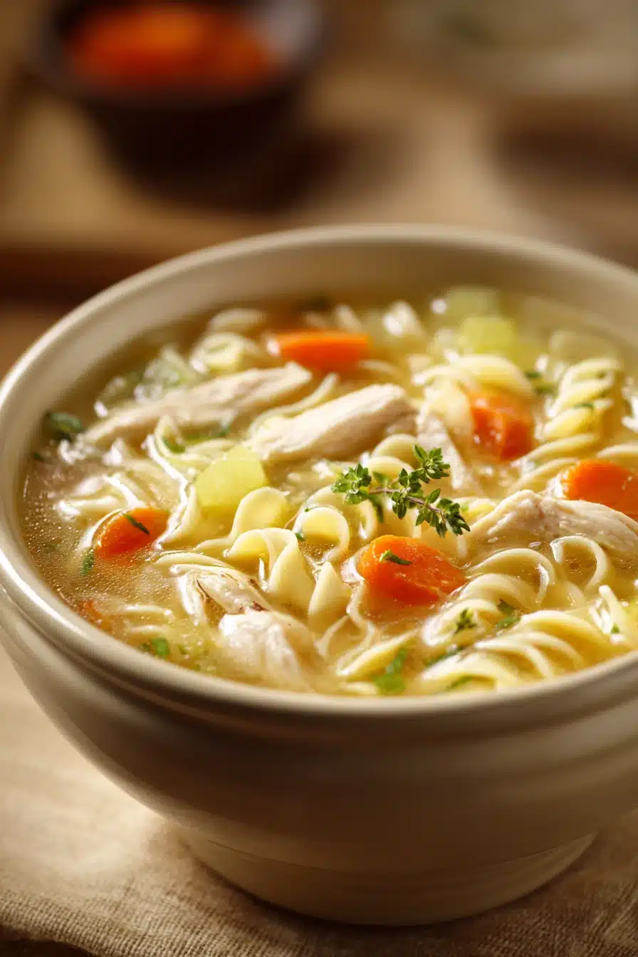 Close-up of a low calorie chicken noodle dish with bright, warm lighting