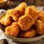 Close-up of low calorie chicken nuggets on a white plate with a clean background