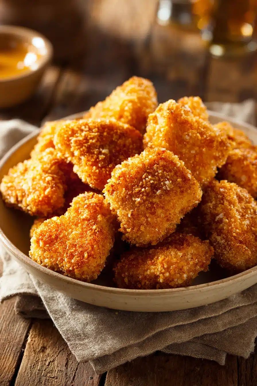 Close-up of low calorie chicken nuggets on a white plate with a clean background
