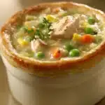 Close-up of a creamy chicken pot pie soup with vegetables in a white bowl