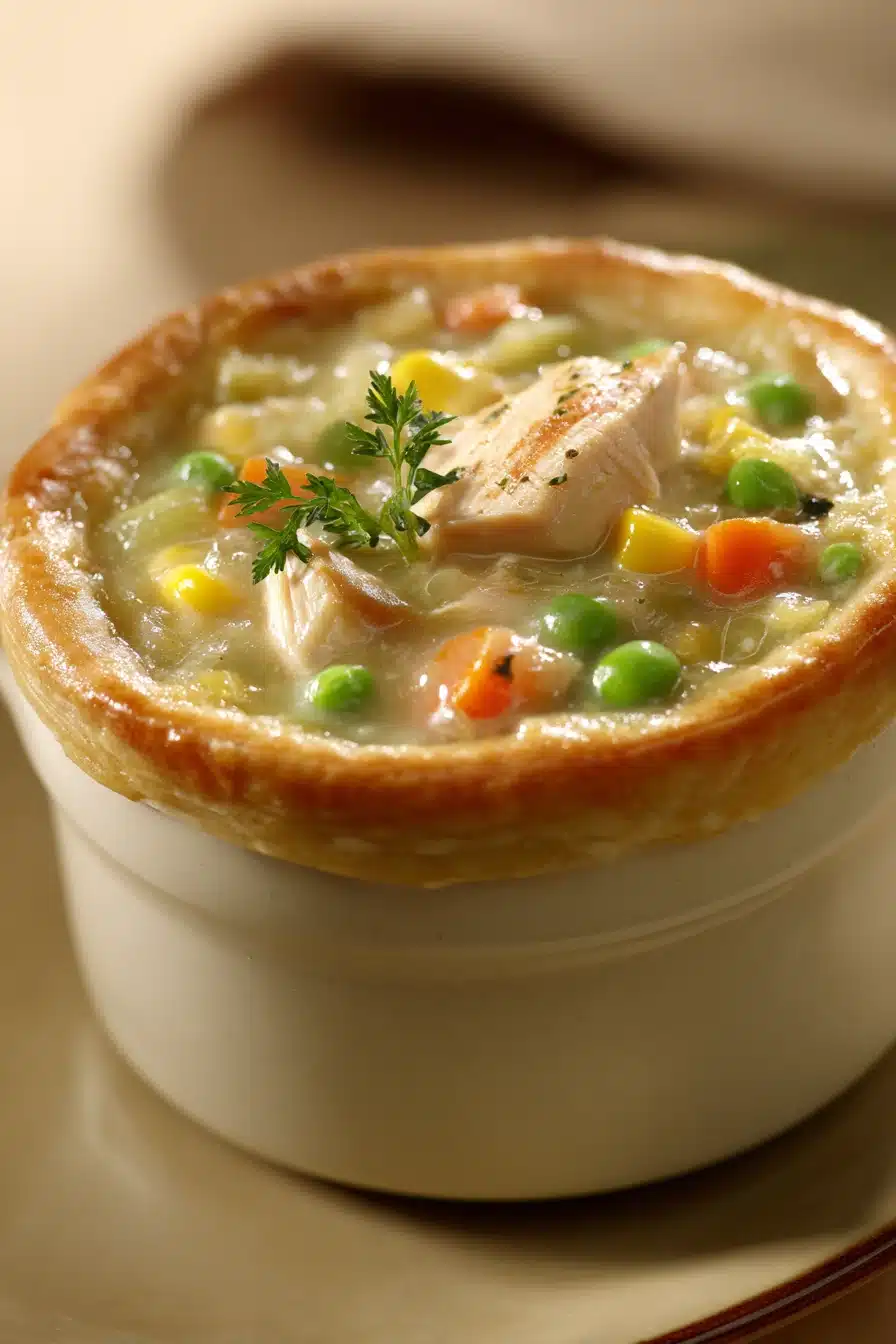 Close-up of a creamy chicken pot pie soup with vegetables in a white bowl