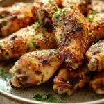 Close-up of low calorie chicken wings cooked in an air fryer, showcasing crispy texture and golden color.