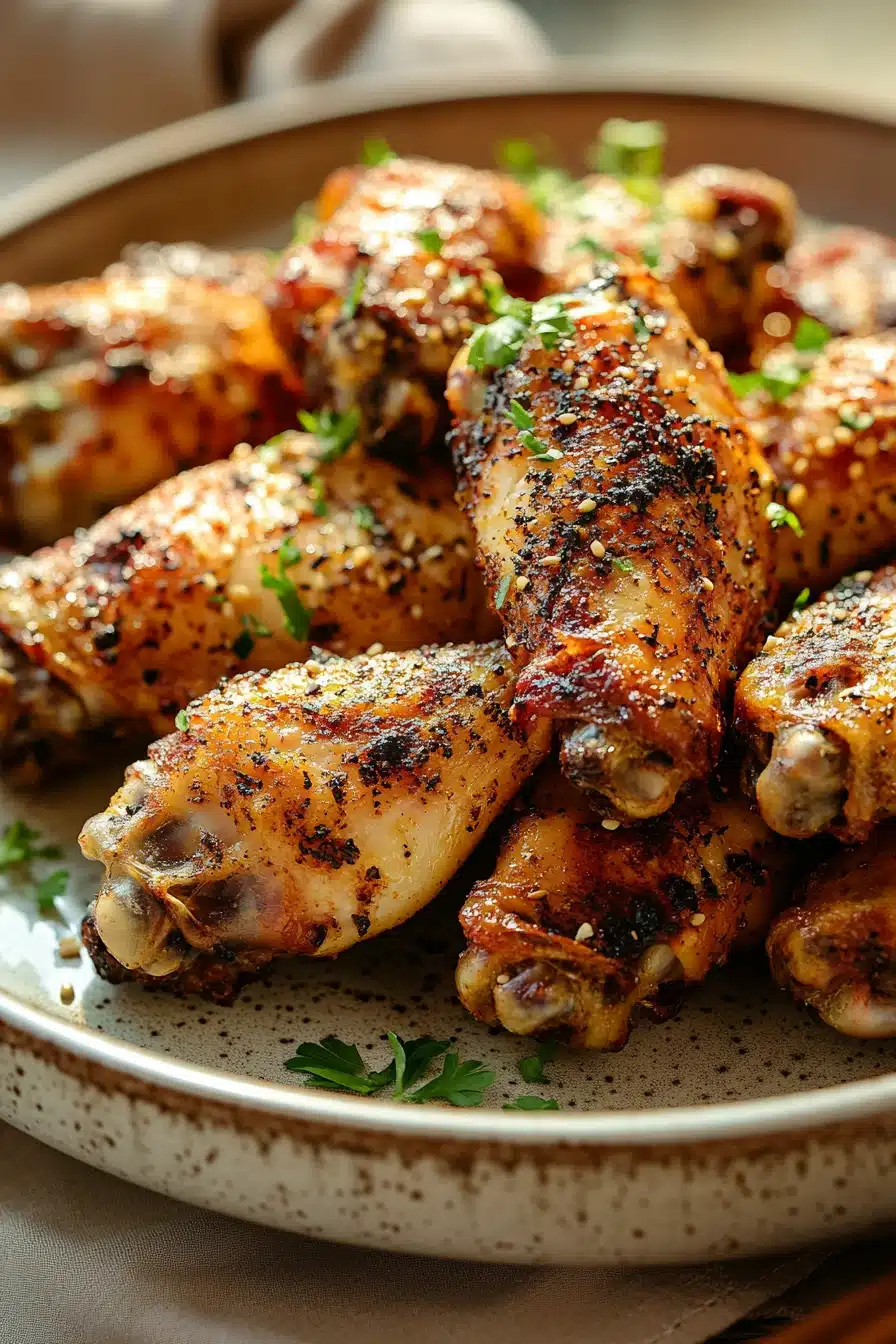 Close-up of low calorie chicken wings cooked in an air fryer, showcasing crispy texture and golden color.