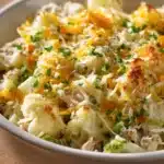 Close-up of a low carb cheesy tuna casserole with melted cheese and herbs on top.