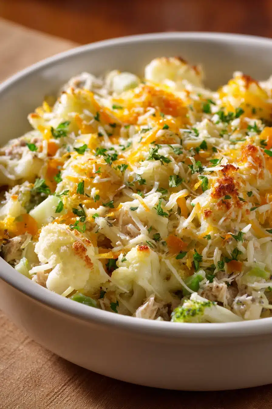 Close-up of a low carb cheesy tuna casserole with melted cheese and herbs on top.