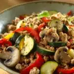 Close-up of a low carb dinner with ground turkey, garnished with herbs.