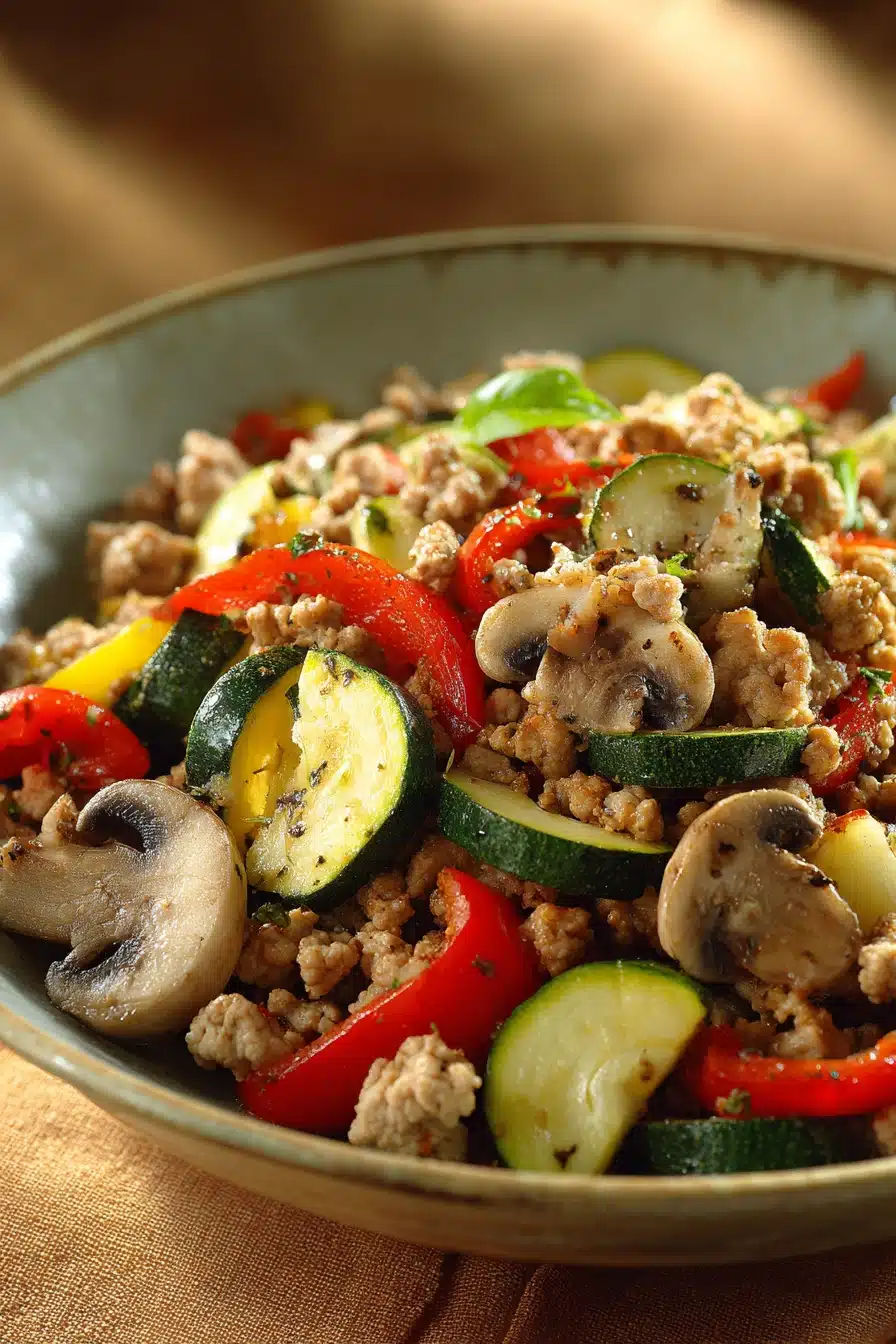 Close-up of a low carb dinner with ground turkey, garnished with herbs.
