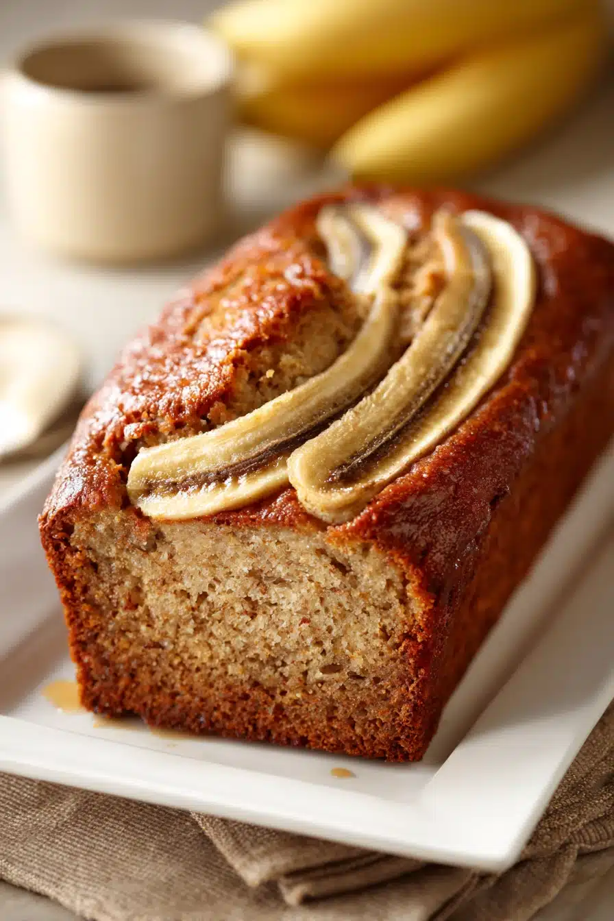 Close-up of a slice of maple banana bread with a golden crust on a clean white plate.