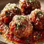 Close-up of Marry Me Meatballs with creamy sauce and herbs on a white plate