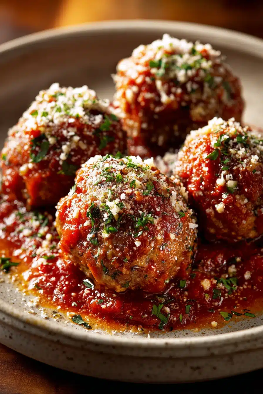Close-up of Marry Me Meatballs with creamy sauce and herbs on a white plate