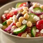 Close-up of a Mediterranean chickpea cucumber salad with fresh vegetables and herbs.