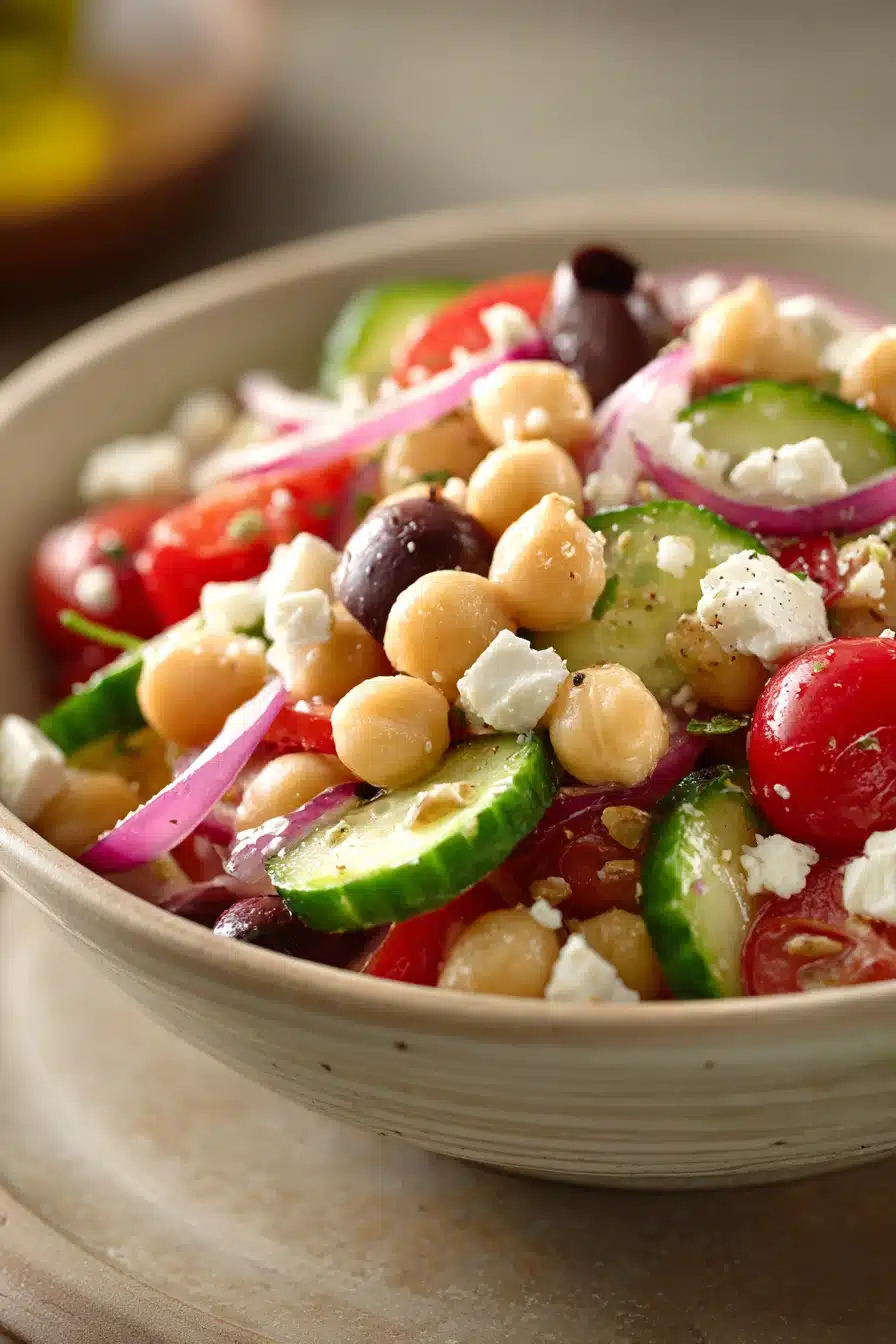 Close-up of a Mediterranean chickpea cucumber salad with fresh vegetables and herbs.