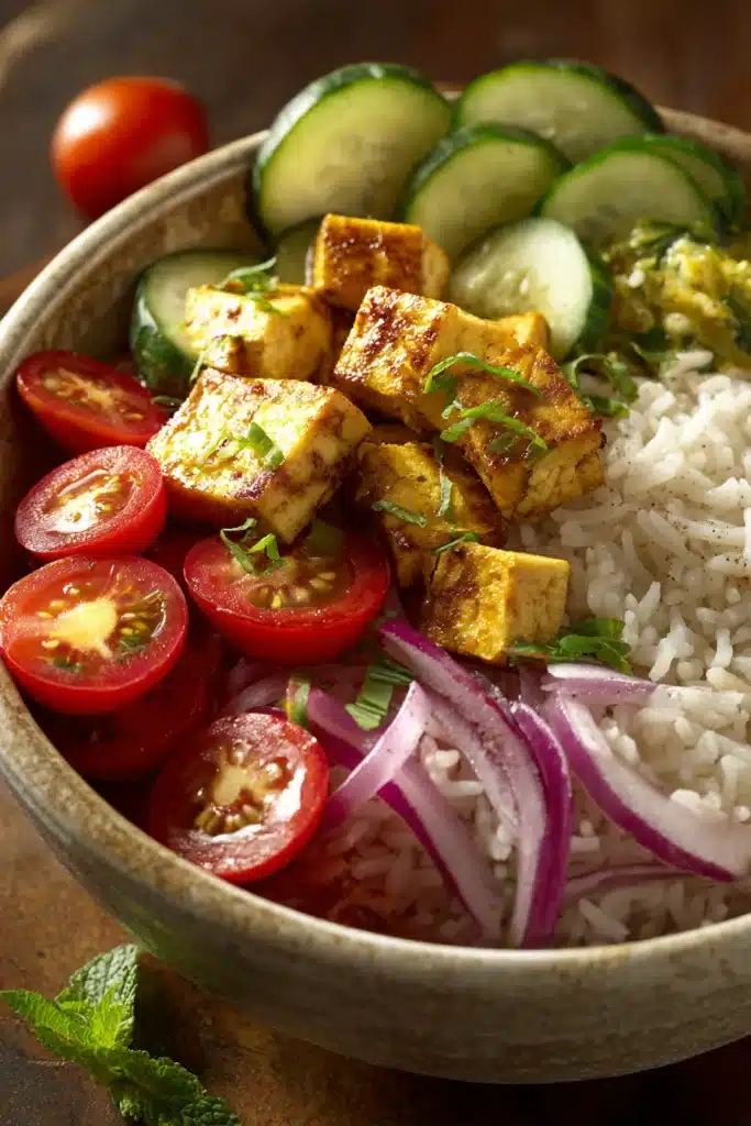 Close-up of a Middle Eastern Tofu Rice Bowl with vibrant vegetables and rice