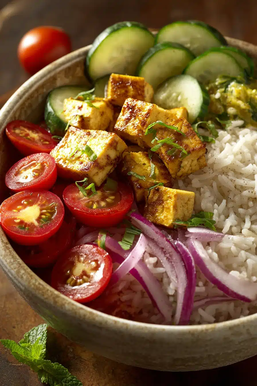 Close-up of a Middle Eastern Tofu Rice Bowl with vibrant vegetables and rice
