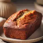 Close-up of moist banana bread with a golden crust on a clean white background.