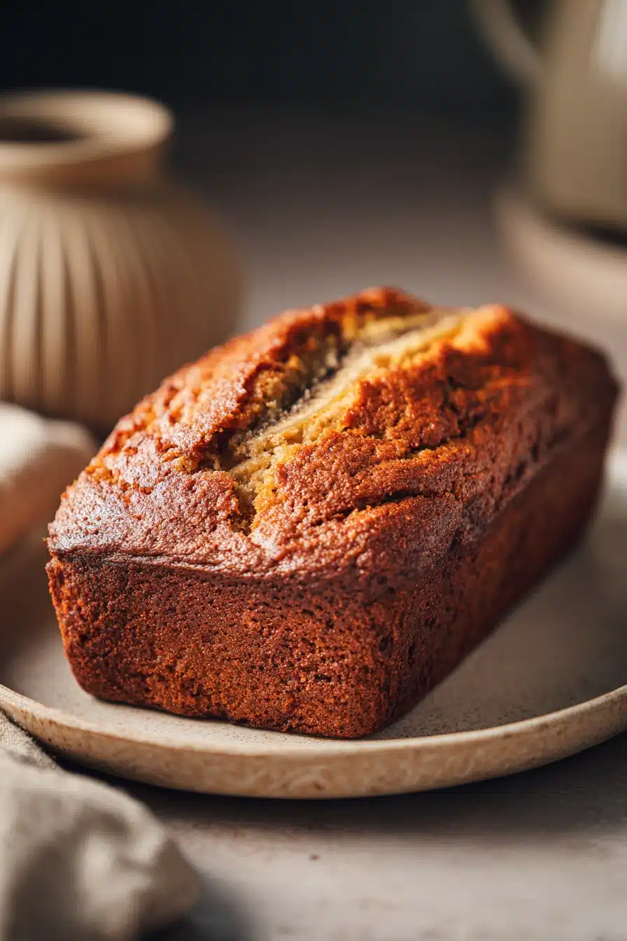 Close-up of moist banana bread with a golden crust on a clean white background.