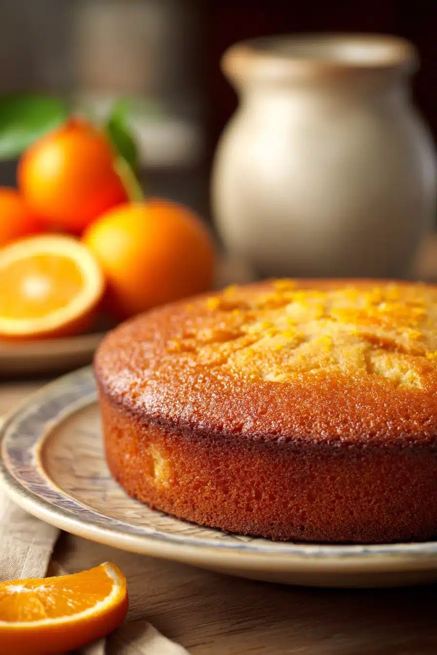 Close-up of a moist orange olive oil cake with a clean background