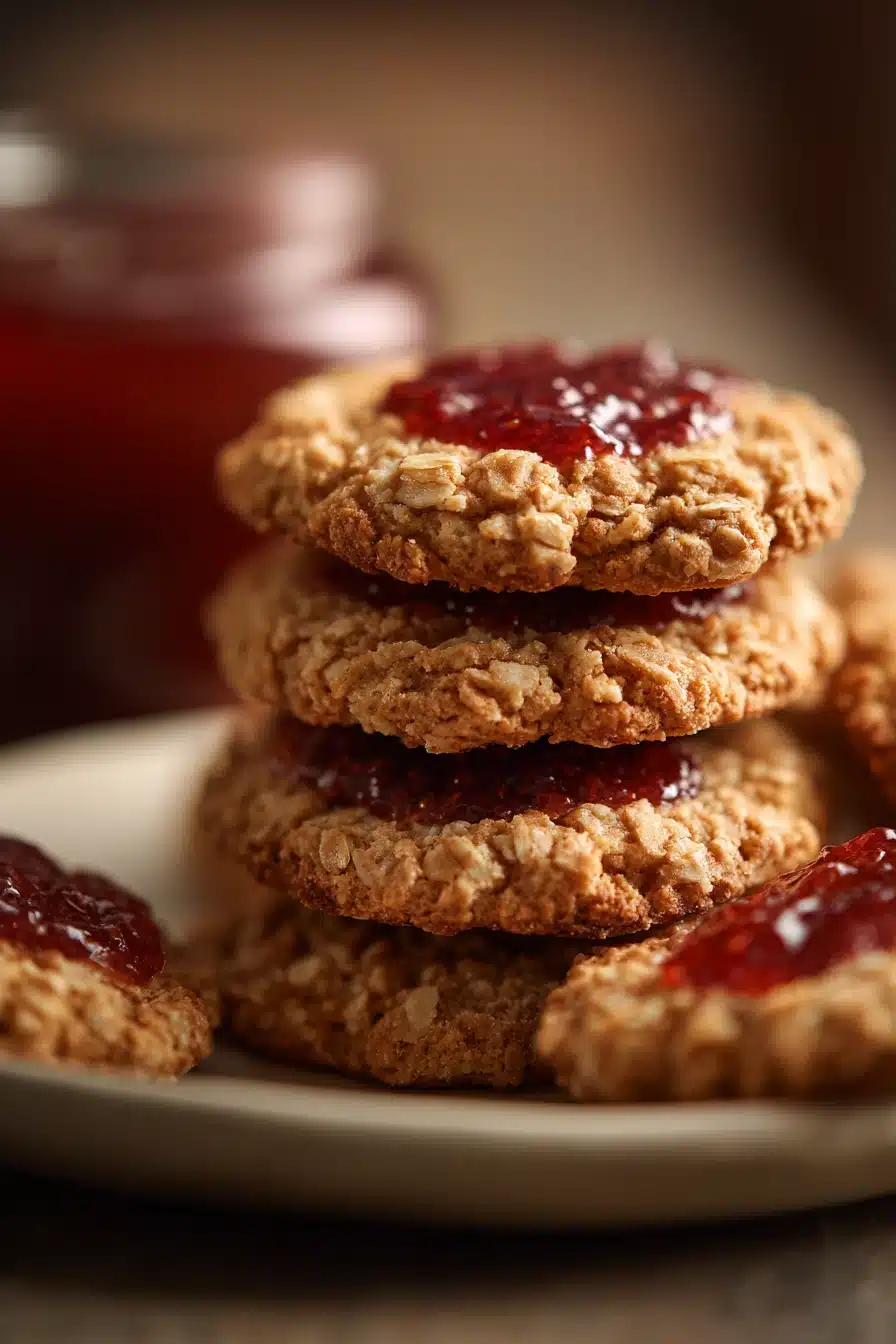 Close-up of oatmeal jam cookies on a clean background with bright lighting