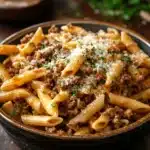 Close-up of one pot beef and butter pasta with creamy sauce and cheese, filling the frame.