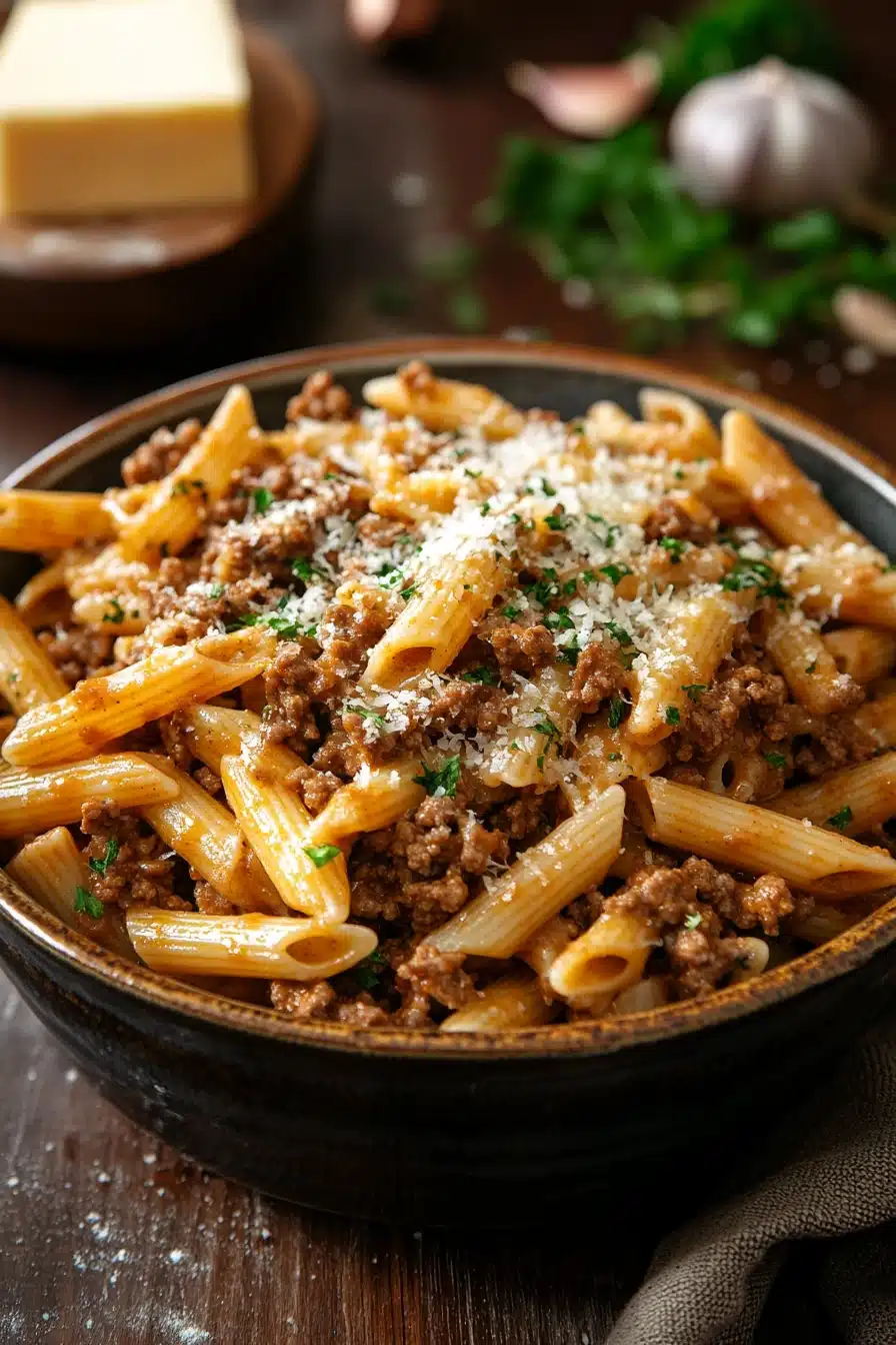 Close-up of one pot beef and butter pasta with creamy sauce and cheese, filling the frame.