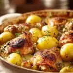 Close-up of a creamy one-pot buttermilk chicken and potatoes casserole with herbs