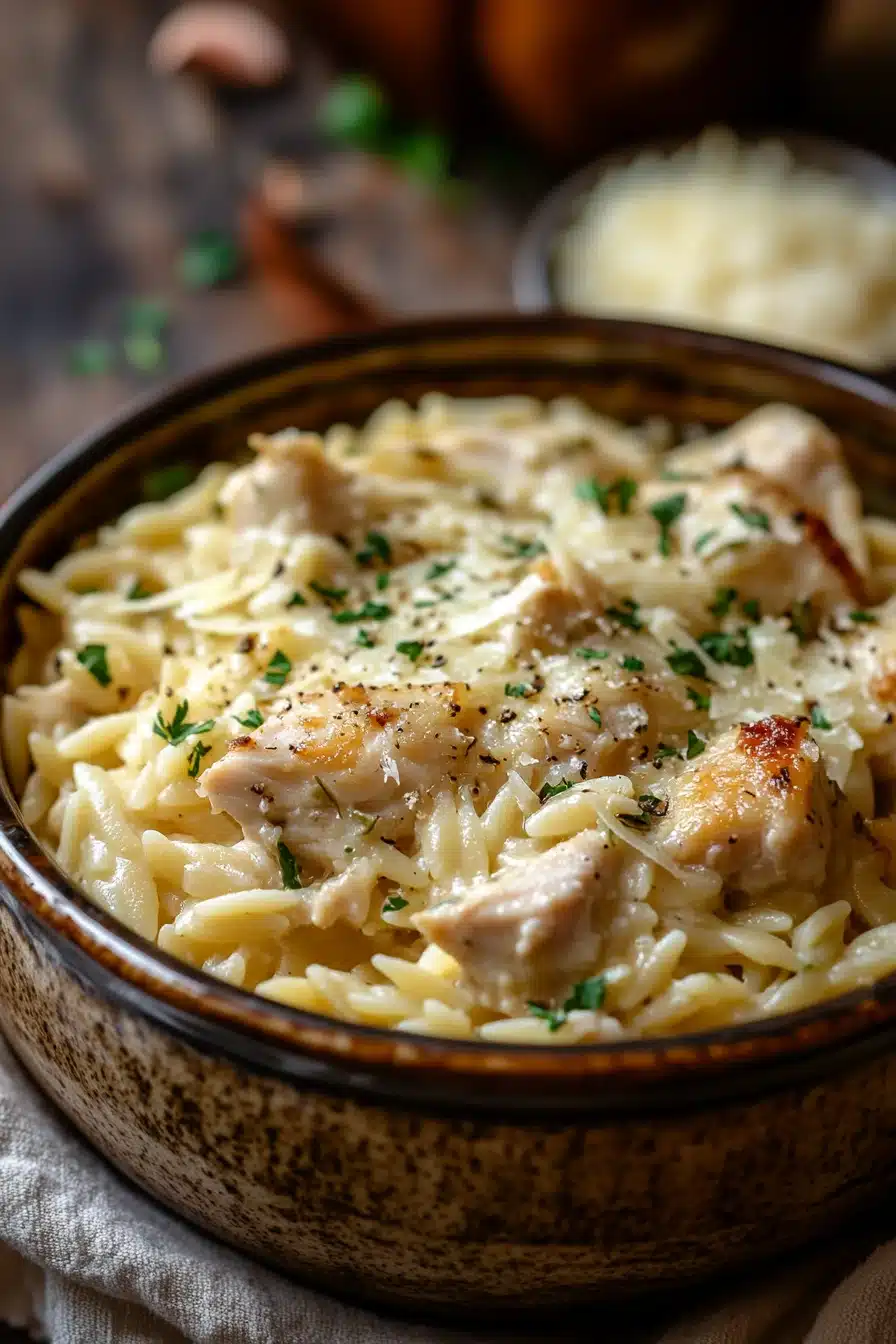 Close-up of one pot chicken orzo with creamy sauce and herbs