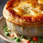 Close-up of a golden crust one pot chicken pot pie with flaky layers.