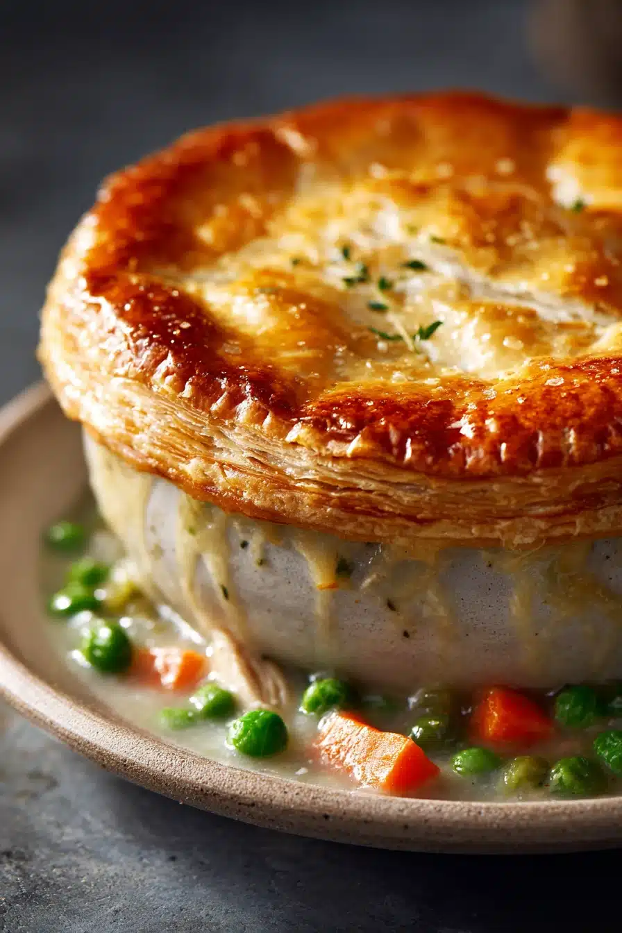 Close-up of a golden crust one pot chicken pot pie with flaky layers.