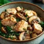 Close-up of one pot chicken quinoa with mushrooms and spinach in a warm, inviting setting.