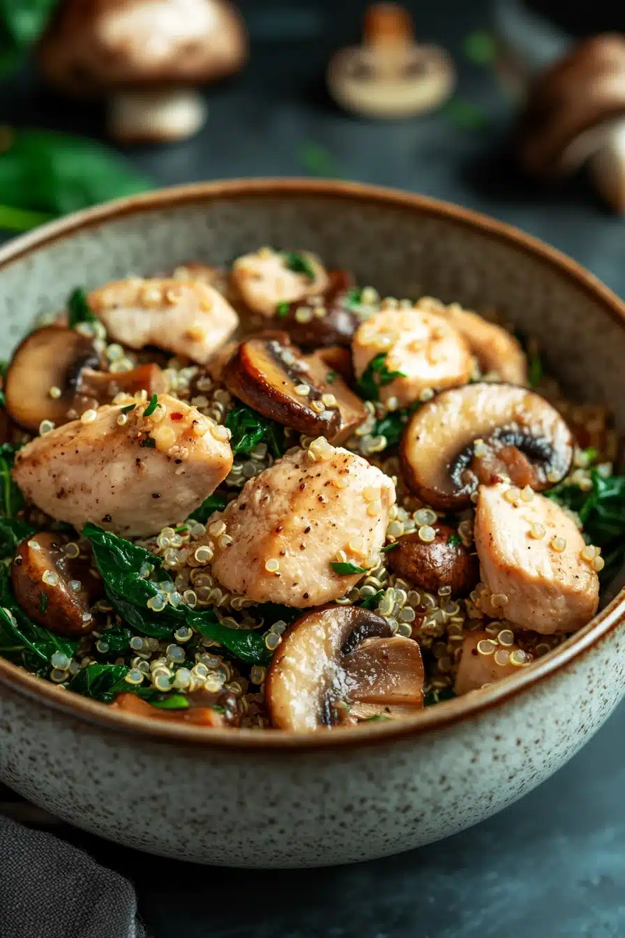 Close-up of one pot chicken quinoa with mushrooms and spinach in a warm, inviting setting.
