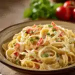 Close-up of one pot creamy fettuccine with a rich sauce and garnished with herbs.