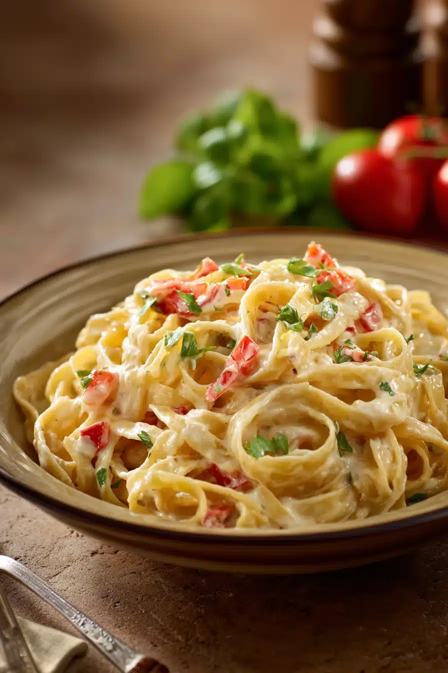 Close-up of one pot creamy fettuccine with a rich sauce and garnished with herbs.