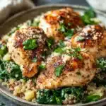 Close-up of one pot garlic butter chicken and quinoa with creamy sauce