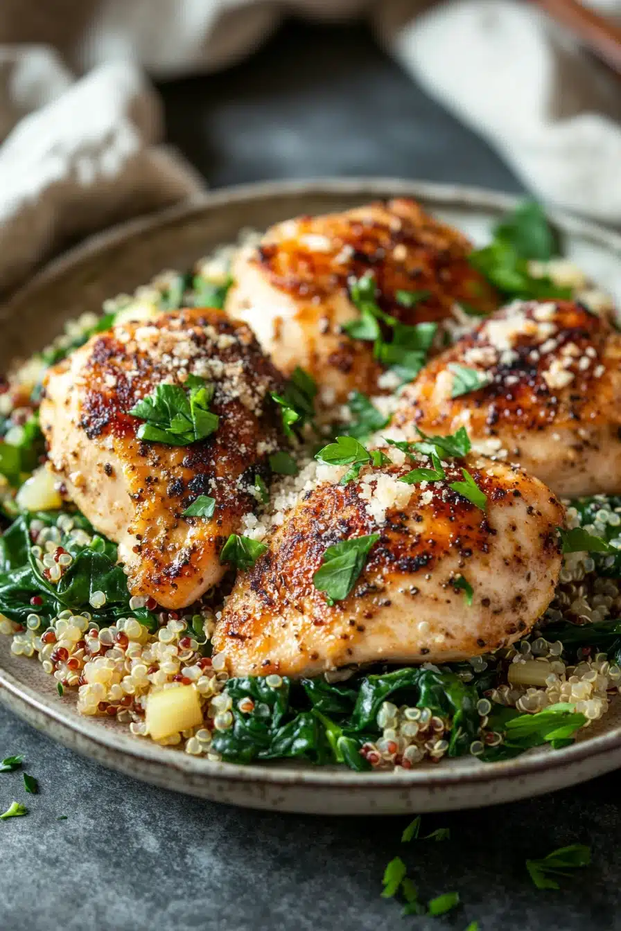 Close-up of one pot garlic butter chicken and quinoa with creamy sauce